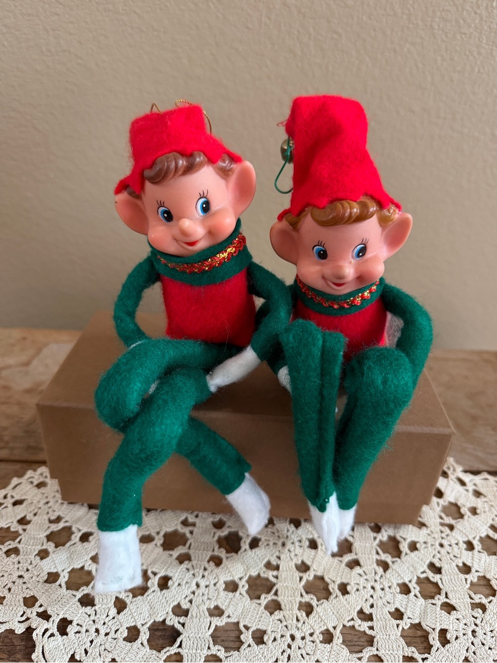 Vintage Elf Pair - Red Hats, Green Felt Bodies